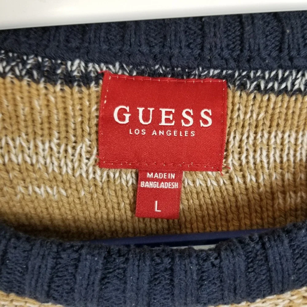 GUESS Los Angeles Mens Large Striped Crewneck Sweater Navy‎ Blue Tan Knit L